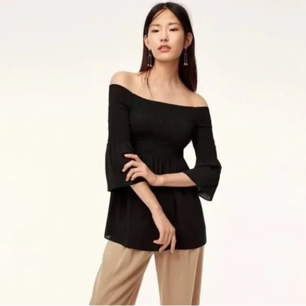 Aritzia Babaton Black Grantland Smocked Bell Sleeve Off The Shoulder Blouse S